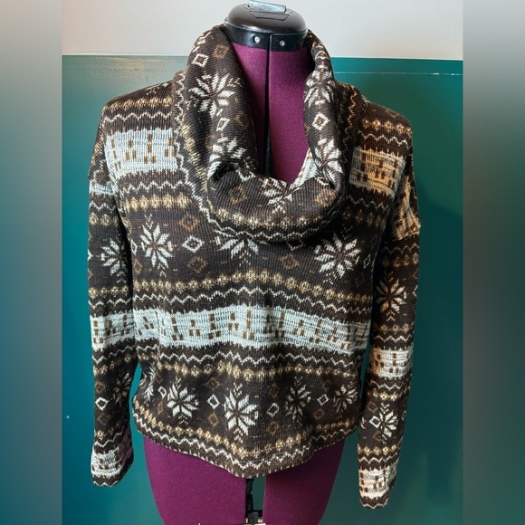 Chloe K Sweaters - Chloe K Brown and Cream Patterned Cowl Neck Sweater
